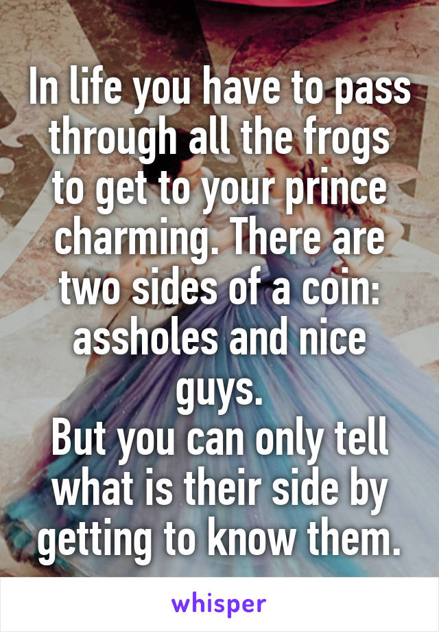 In life you have to pass through all the frogs to get to your prince charming. There are two sides of a coin:
assholes and nice guys.
But you can only tell what is their side by getting to know them.