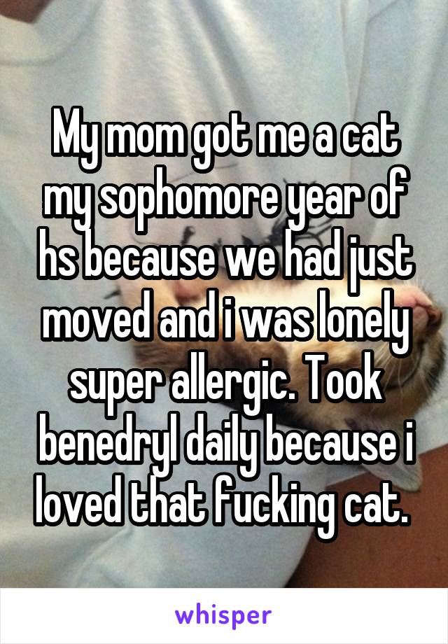 My mom got me a cat my sophomore year of hs because we had just moved and i was lonely super allergic. Took benedryl daily because i loved that fucking cat. 