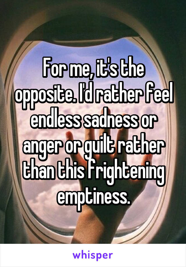 For me, it's the opposite. I'd rather feel endless sadness or anger or guilt rather than this frightening emptiness.