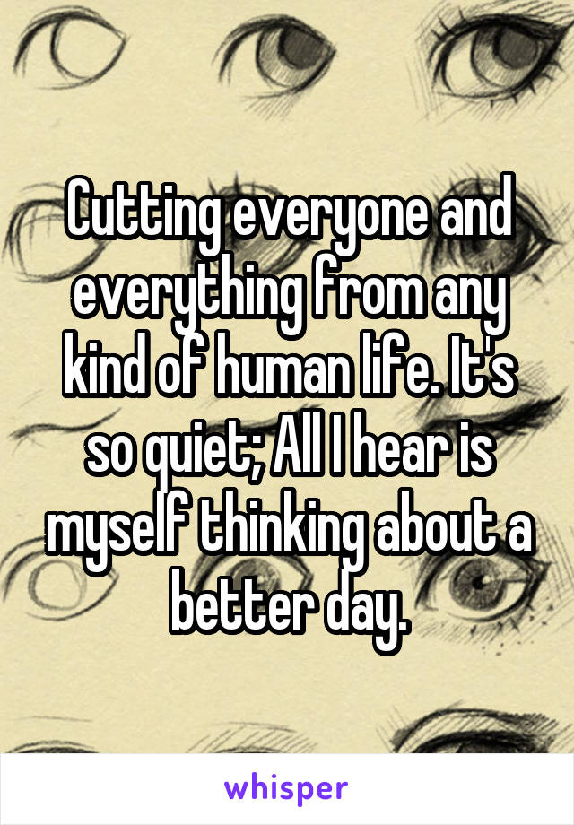 Cutting everyone and everything from any kind of human life. It's so quiet; All I hear is myself thinking about a better day.