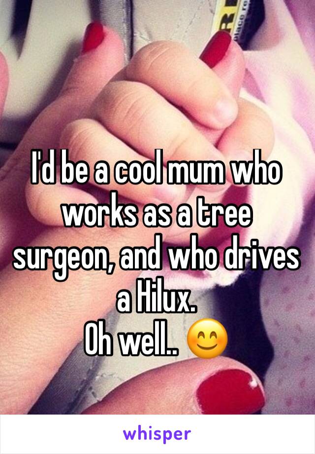I'd be a cool mum who works as a tree surgeon, and who drives a Hilux.
Oh well.. 😊