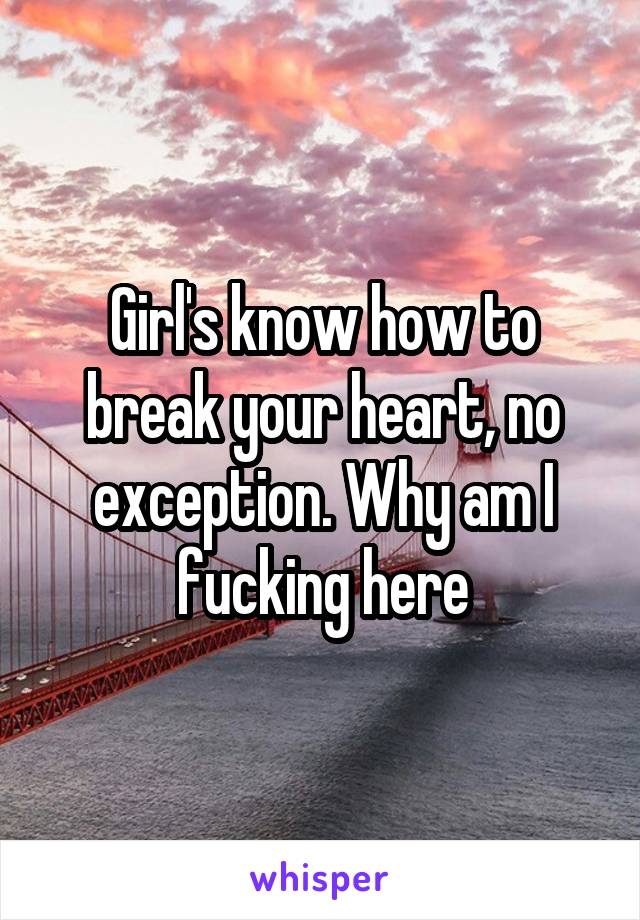 Girl's know how to break your heart, no exception. Why am I fucking here