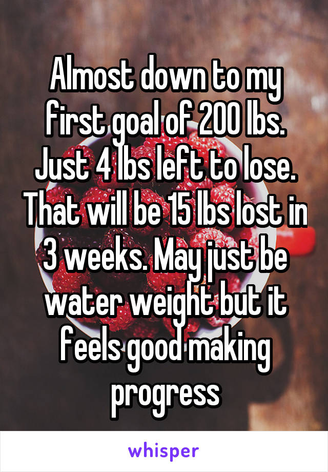 Almost down to my first goal of 200 lbs. Just 4 lbs left to lose. That will be 15 lbs lost in 3 weeks. May just be water weight but it feels good making progress