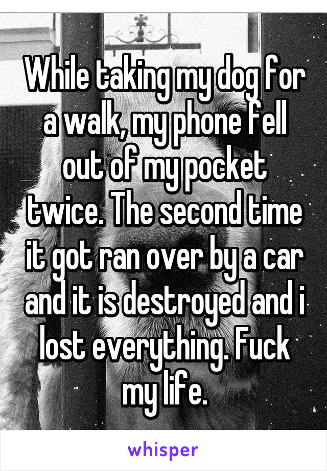 While taking my dog for a walk, my phone fell out of my pocket twice. The second time it got ran over by a car and it is destroyed and i lost everything. Fuck my life.