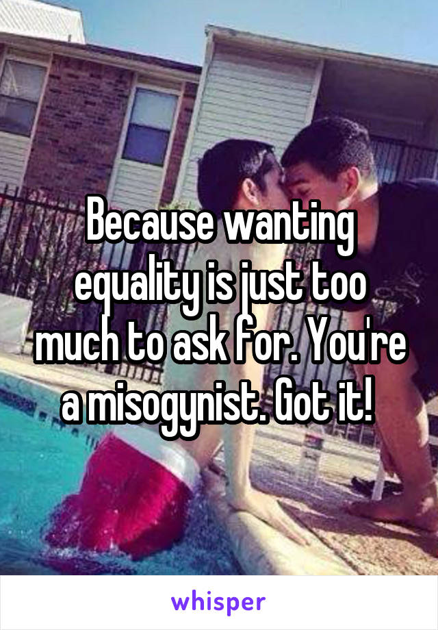 Because wanting equality is just too much to ask for. You're a misogynist. Got it! 