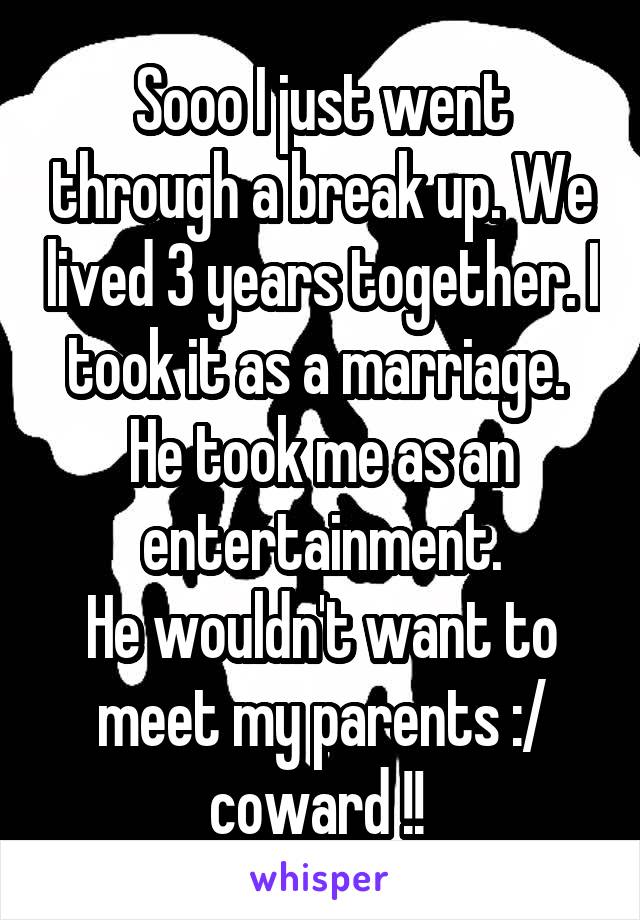 Sooo I just went through a break up. We lived 3 years together. I took it as a marriage. 
He took me as an entertainment.
He wouldn't want to meet my parents :/ coward !! 