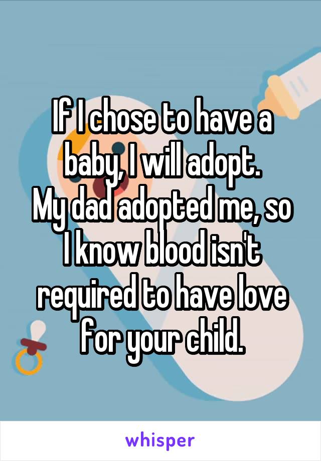 If I chose to have a baby, I will adopt.
My dad adopted me, so I know blood isn't required to have love for your child.