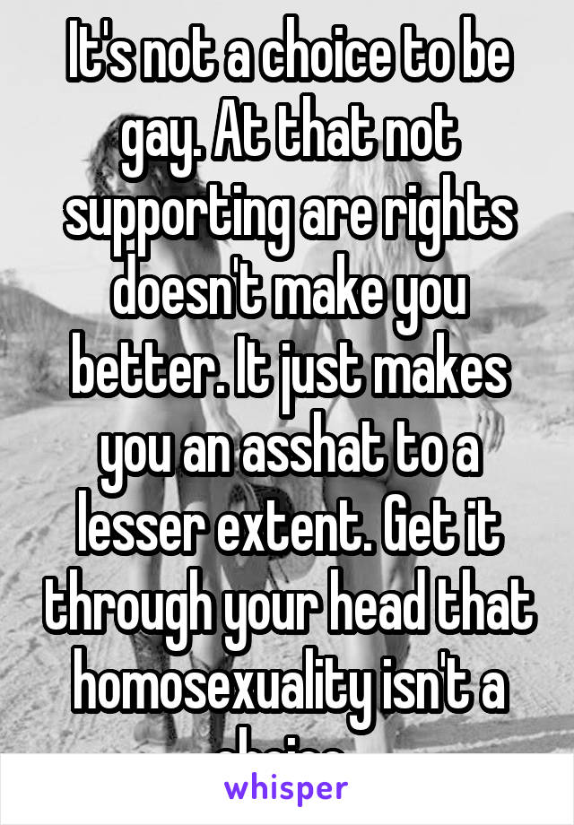 It's not a choice to be gay. At that not supporting are rights doesn't make you better. It just makes you an asshat to a lesser extent. Get it through your head that homosexuality isn't a choice. 