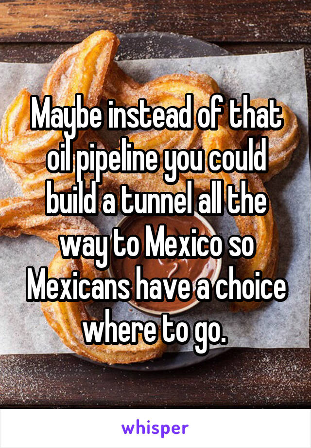 Maybe instead of that oil pipeline you could build a tunnel all the way to Mexico so Mexicans have a choice where to go. 