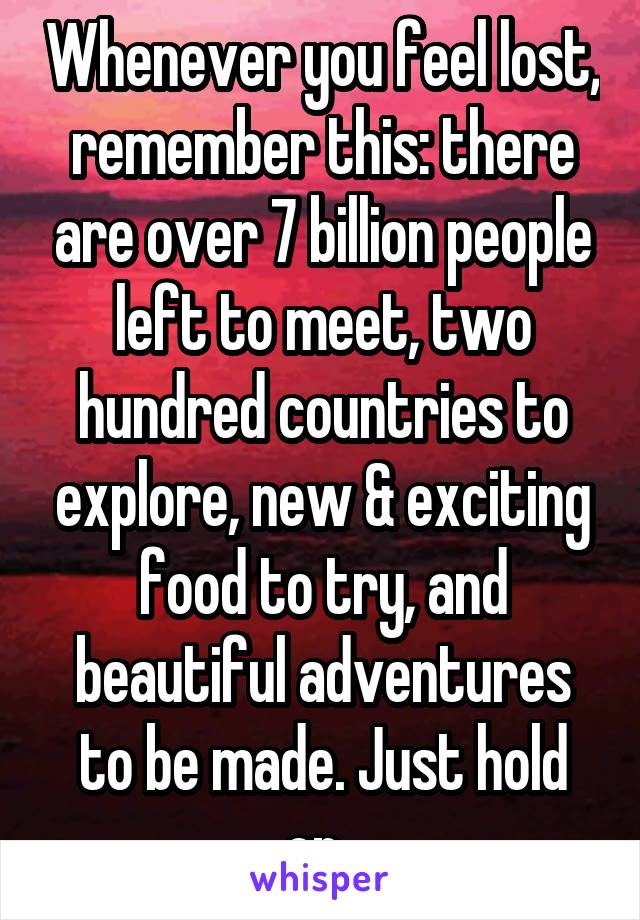 Whenever you feel lost, remember this: there are over 7 billion people left to meet, two hundred countries to explore, new & exciting food to try, and beautiful adventures to be made. Just hold on. 