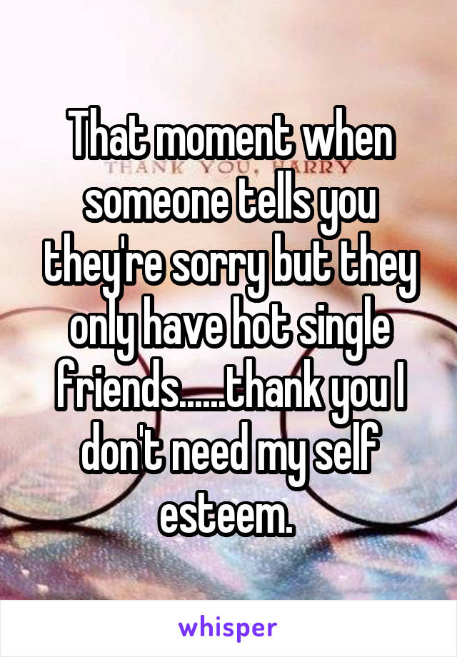 That moment when someone tells you they're sorry but they only have hot single friends......thank you I don't need my self esteem. 