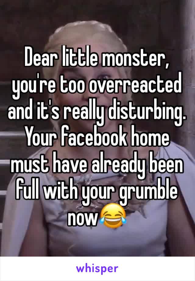 Dear little monster, you're too overreacted and it's really disturbing. Your facebook home must have already been full with your grumble now😂