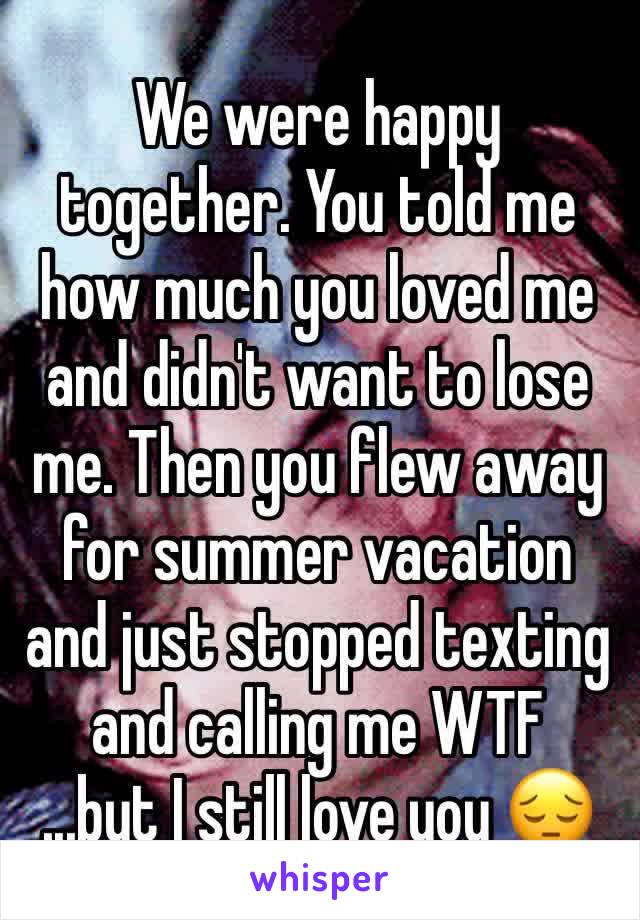 We were happy together. You told me how much you loved me and didn't want to lose me. Then you flew away for summer vacation and just stopped texting and calling me WTF
...but I still love you 😔