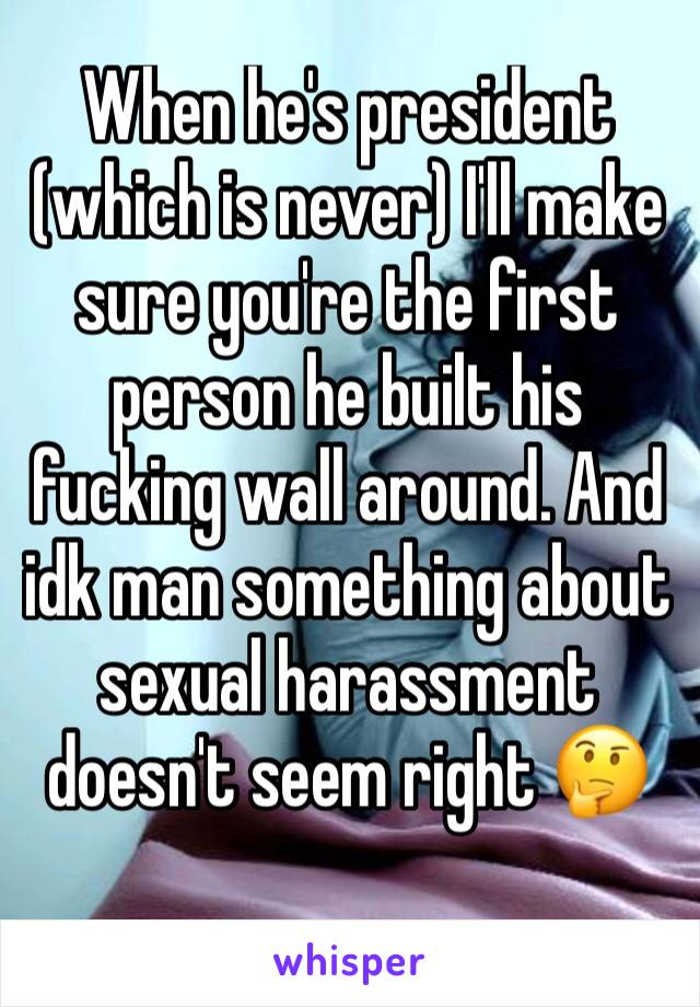 When he's president (which is never) I'll make sure you're the first person he built his fucking wall around. And idk man something about sexual harassment doesn't seem right 🤔