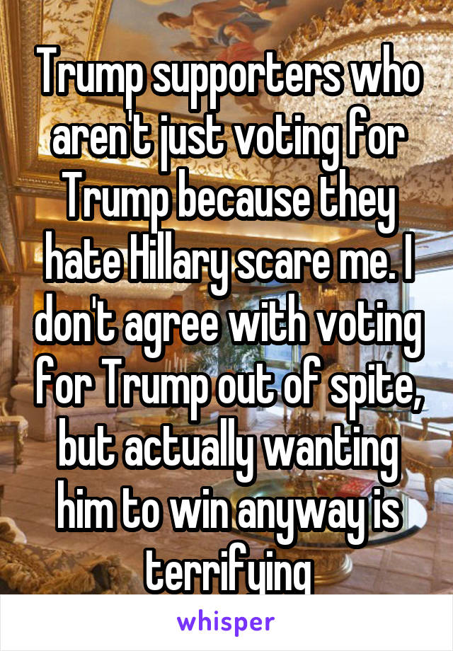 Trump supporters who aren't just voting for Trump because they hate Hillary scare me. I don't agree with voting for Trump out of spite, but actually wanting him to win anyway is terrifying