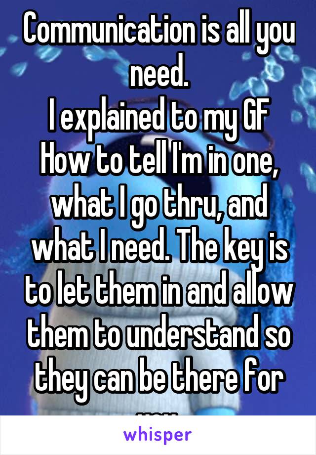 Communication is all you need.
I explained to my GF
How to tell I'm in one, what I go thru, and what I need. The key is to let them in and allow them to understand so they can be there for you.