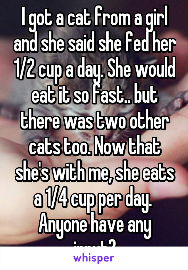 I got a cat from a girl and she said she fed her 1/2 cup a day. She would eat it so fast.. but there was two other cats too. Now that she's with me, she eats a 1/4 cup per day. 
Anyone have any input?