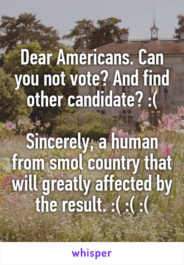 Dear Americans. Can you not vote? And find other candidate? :(

Sincerely, a human from smol country that will greatly affected by the result. :( :( :(