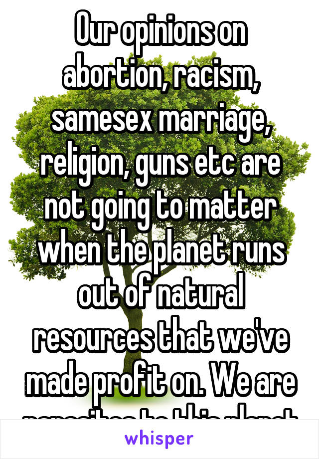 Our opinions on abortion, racism, samesex marriage, religion, guns etc are not going to matter when the planet runs out of natural resources that we've made profit on. We are parasites to this planet