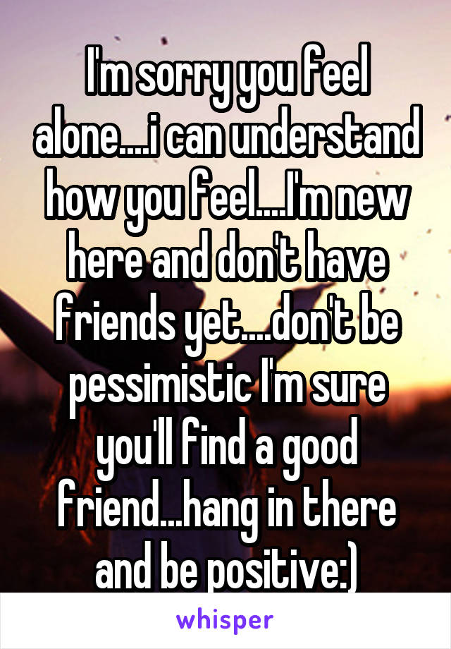 I'm sorry you feel alone....i can understand how you feel....I'm new here and don't have friends yet....don't be pessimistic I'm sure you'll find a good friend...hang in there and be positive:)