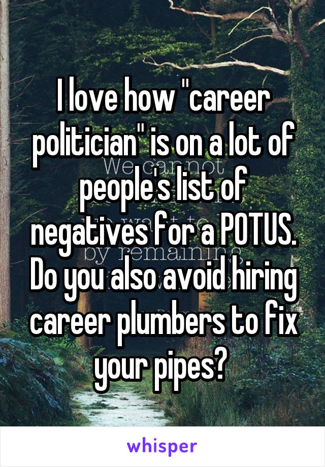 I love how "career politician" is on a lot of people's list of negatives for a POTUS. Do you also avoid hiring career plumbers to fix your pipes? 