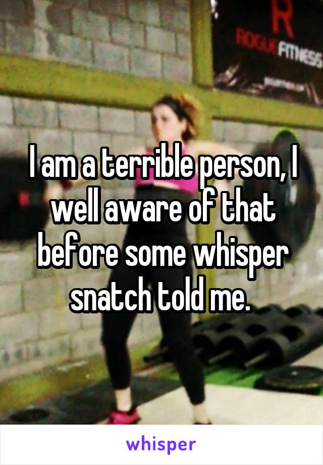 I am a terrible person, I well aware of that before some whisper snatch told me. 