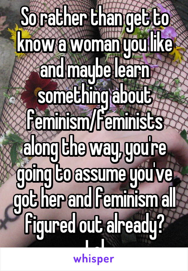 So rather than get to know a woman you like and maybe learn something about feminism/feminists along the way, you're going to assume you've got her and feminism all figured out already?
Lol