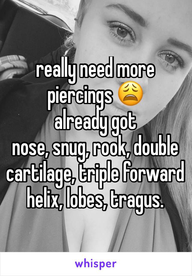 really need more piercings 😩
already got
nose, snug, rook, double cartilage, triple forward helix, lobes, tragus. 