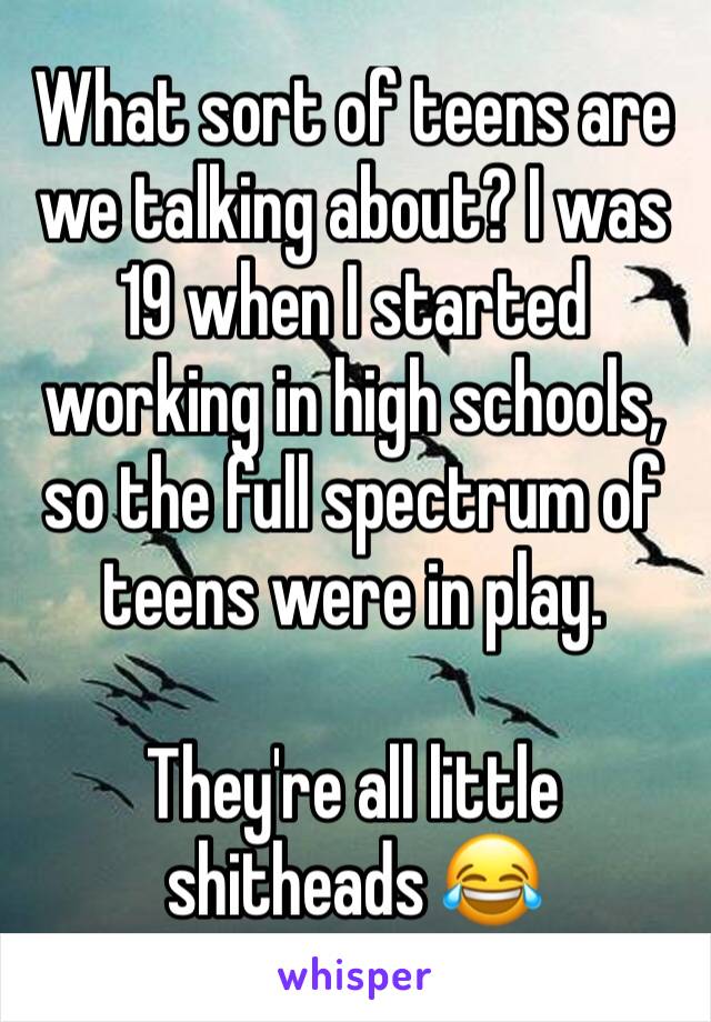 What sort of teens are we talking about? I was 19 when I started working in high schools, so the full spectrum of teens were in play.

They're all little shitheads 😂