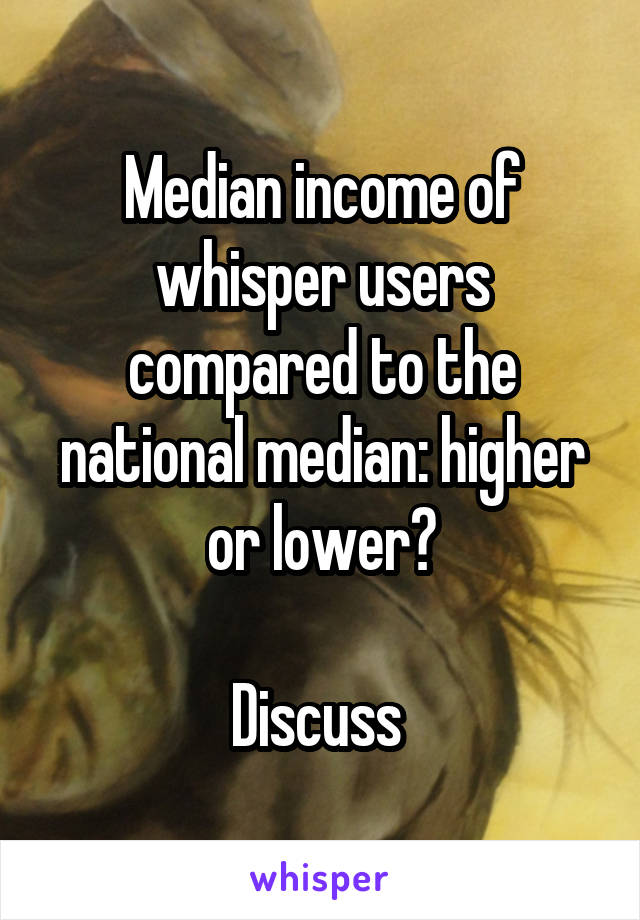 Median income of whisper users compared to the national median: higher or lower?

Discuss 