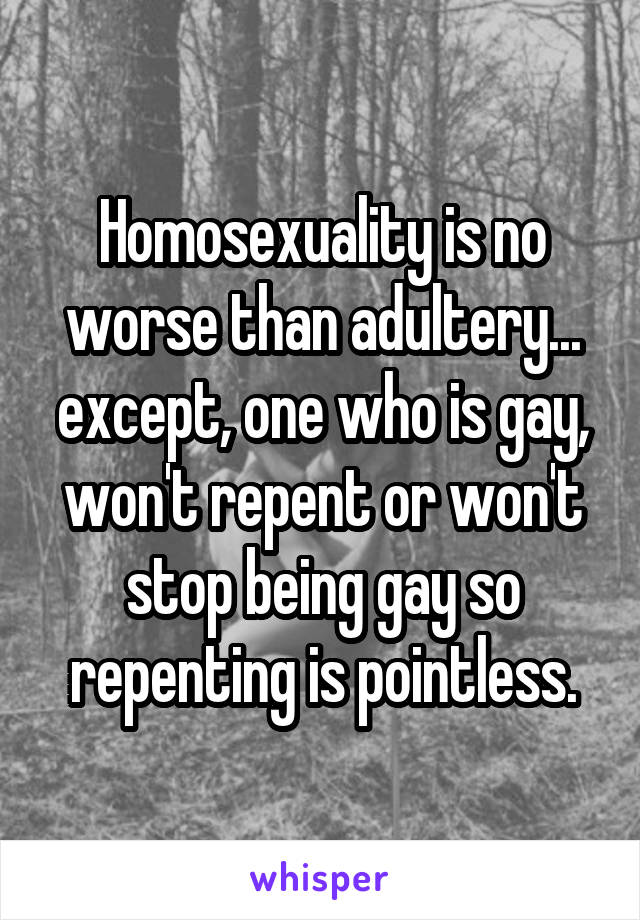 Homosexuality is no worse than adultery... except, one who is gay, won't repent or won't stop being gay so repenting is pointless.