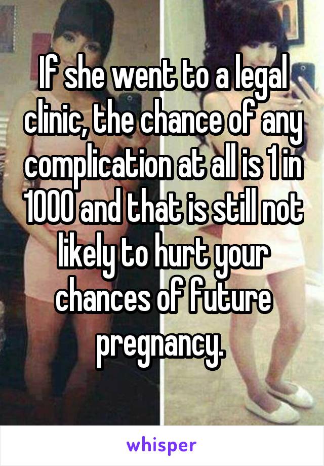 If she went to a legal clinic, the chance of any complication at all is 1 in 1000 and that is still not likely to hurt your chances of future pregnancy. 
