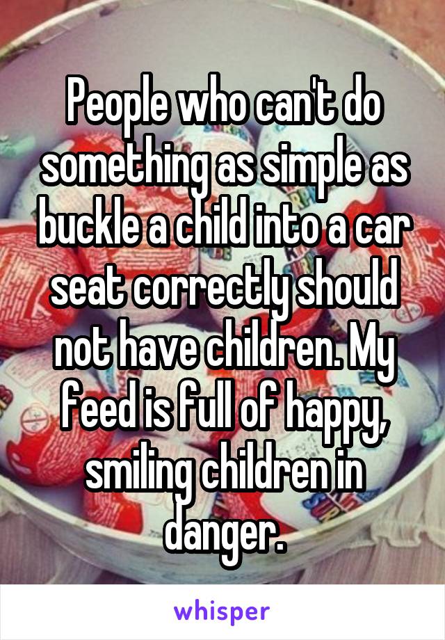 People who can't do something as simple as buckle a child into a car seat correctly should not have children. My feed is full of happy, smiling children in danger.