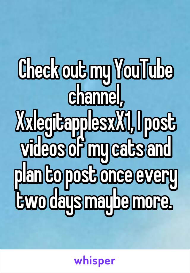 Check out my YouTube channel, XxlegitapplesxX1, I post videos of my cats and plan to post once every two days maybe more. 