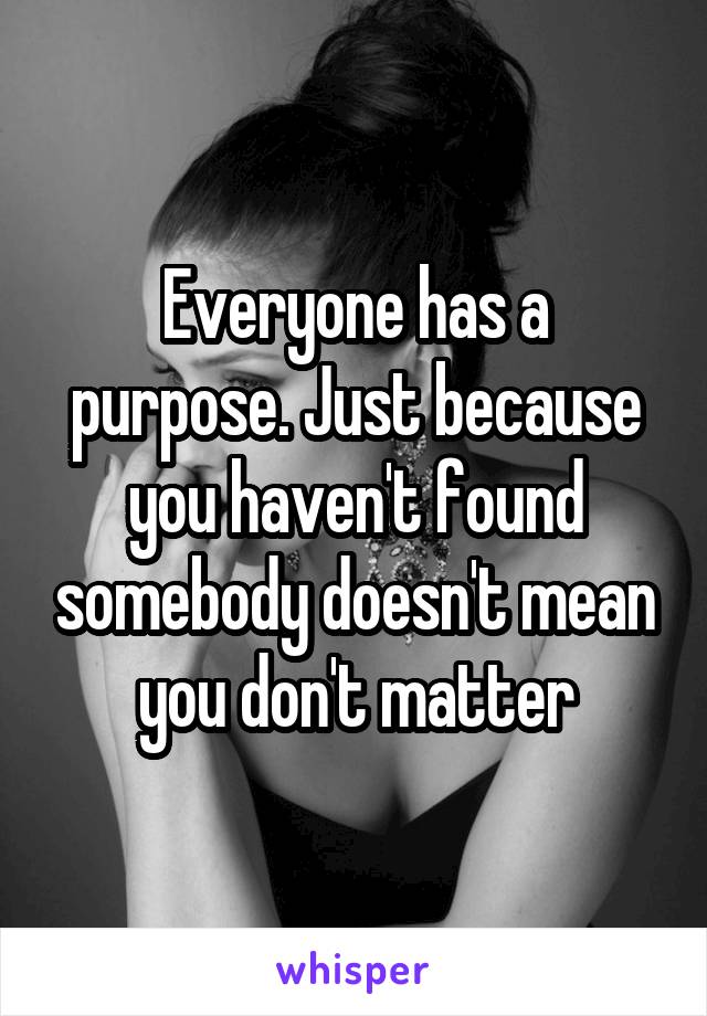 Everyone has a purpose. Just because you haven't found somebody doesn't mean you don't matter