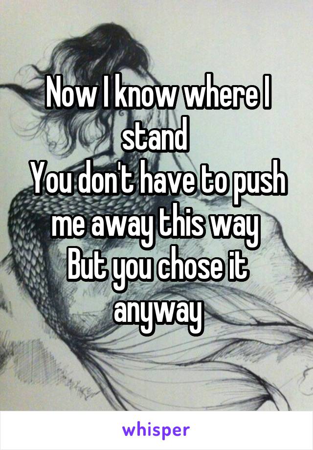 Now I know where I stand 
You don't have to push me away this way 
But you chose it anyway
