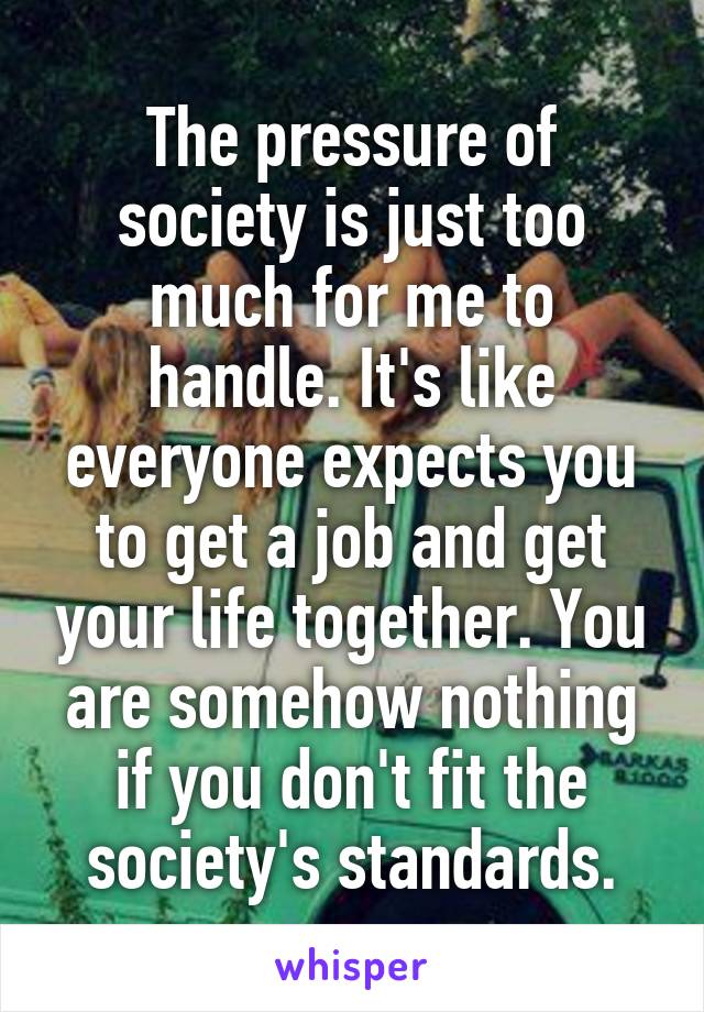 The pressure of society is just too much for me to handle. It's like everyone expects you to get a job and get your life together. You are somehow nothing if you don't fit the society's standards.