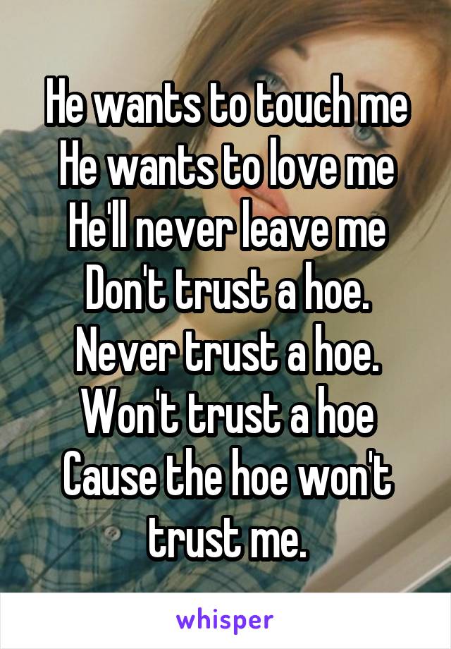 He wants to touch me
He wants to love me
He'll never leave me
Don't trust a hoe.
Never trust a hoe.
Won't trust a hoe
Cause the hoe won't trust me.