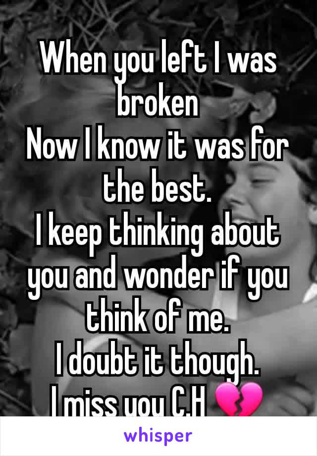 When you left I was broken
Now I know it was for the best.
I keep thinking about you and wonder if you think of me.
I doubt it though.
I miss you C.H 💔