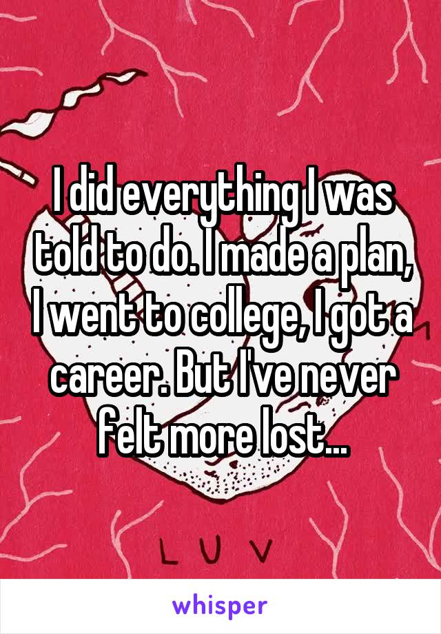 I did everything I was told to do. I made a plan, I went to college, I got a career. But I've never felt more lost...