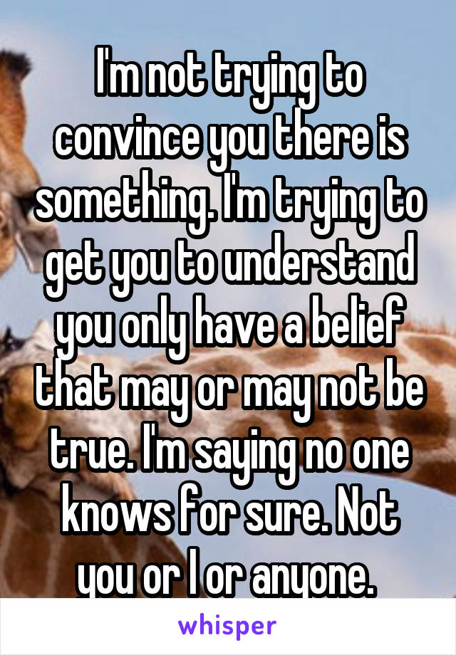 I'm not trying to convince you there is something. I'm trying to get you to understand you only have a belief that may or may not be true. I'm saying no one knows for sure. Not you or I or anyone. 