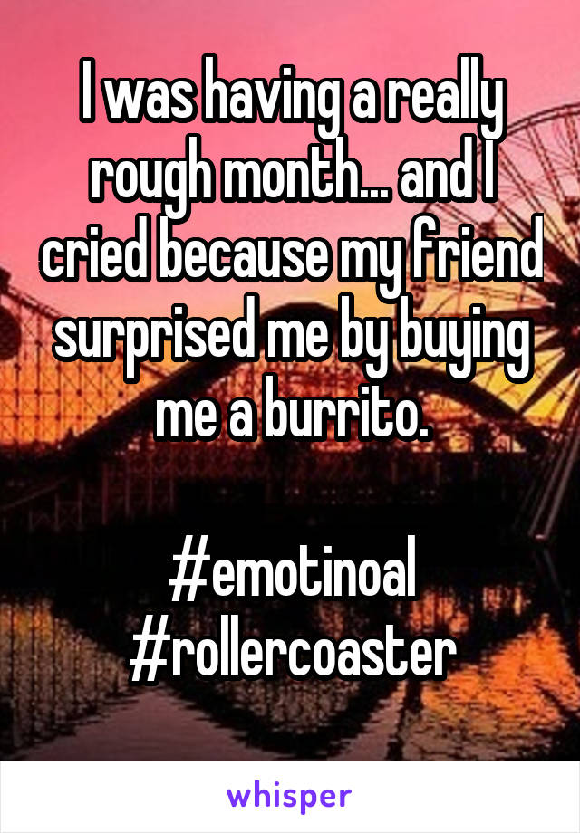 I was having a really rough month... and I cried because my friend surprised me by buying me a burrito.

#emotinoal #rollercoaster
