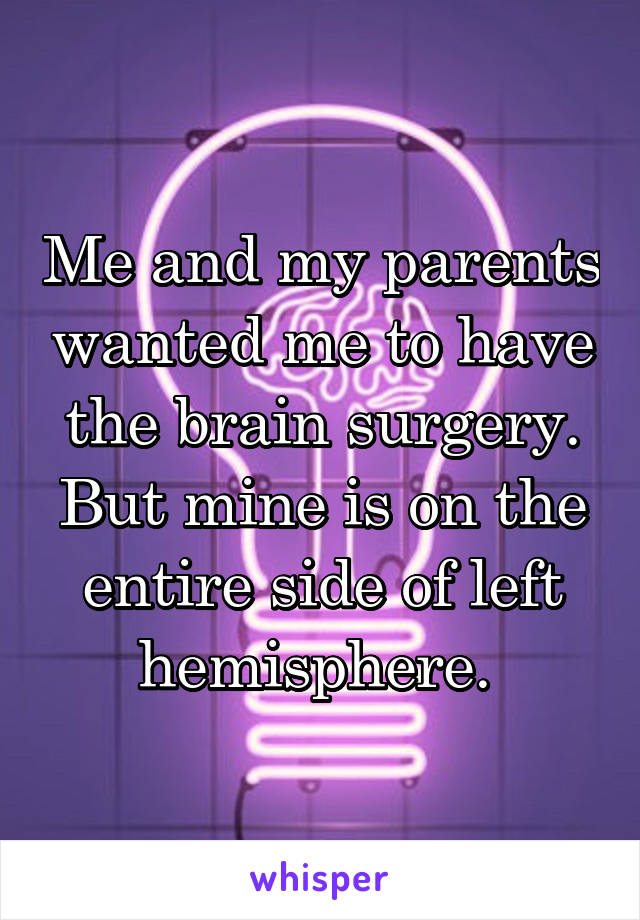 Me and my parents wanted me to have the brain surgery. But mine is on the entire side of left hemisphere. 
