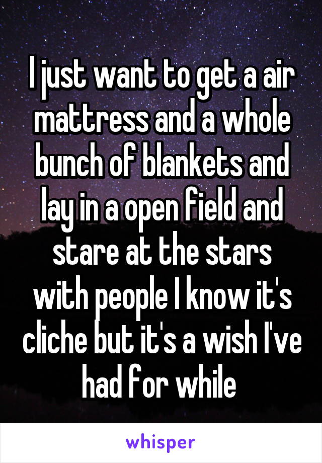 I just want to get a air mattress and a whole bunch of blankets and lay in a open field and stare at the stars with people I know it's cliche but it's a wish I've had for while 