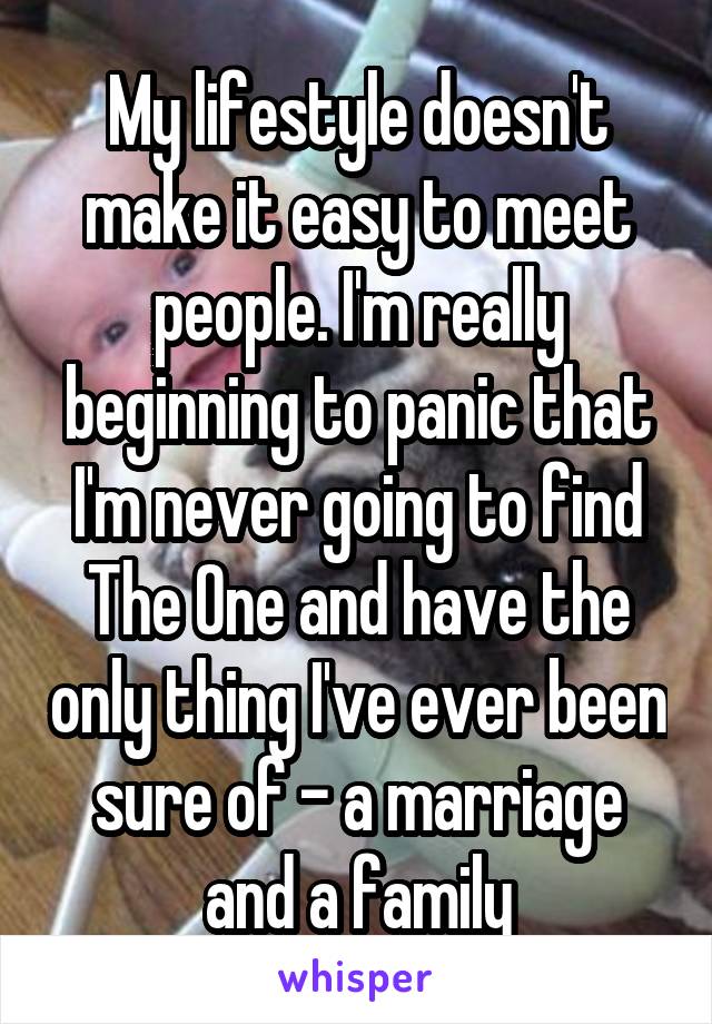 My lifestyle doesn't make it easy to meet people. I'm really beginning to panic that I'm never going to find The One and have the only thing I've ever been sure of - a marriage and a family