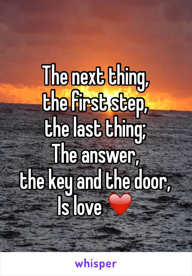 The next thing,
the first step,
the last thing;
The answer,
the key and the door,
Is love ❤️