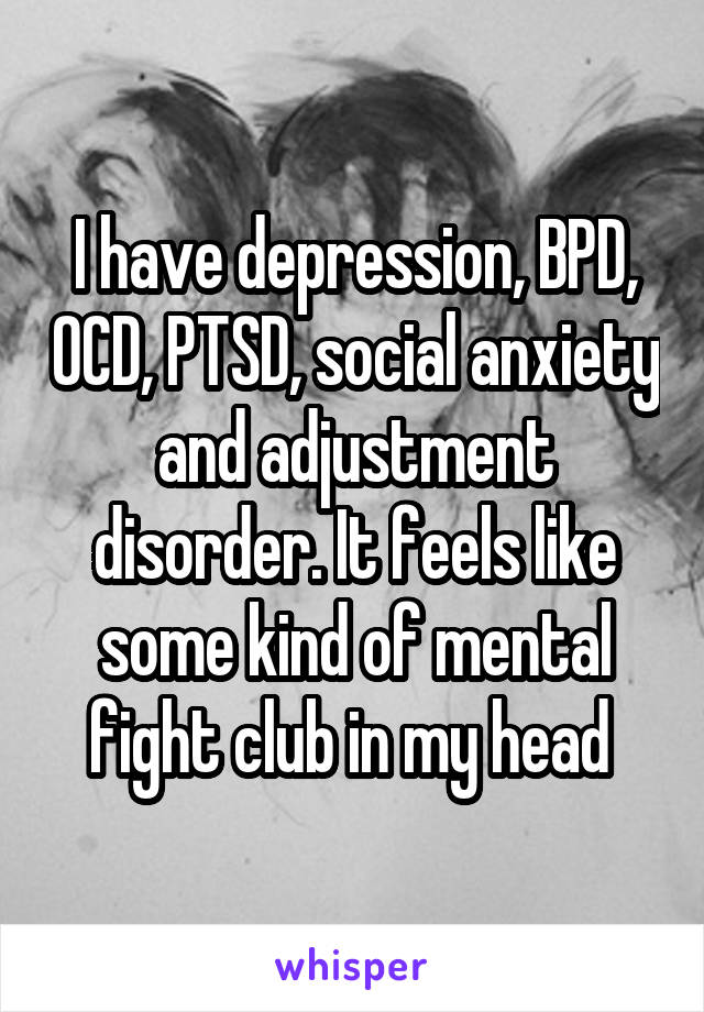 I have depression, BPD, OCD, PTSD, social anxiety and adjustment disorder. It feels like some kind of mental fight club in my head 