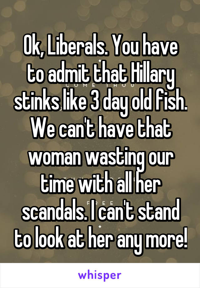 Ok, Liberals. You have to admit that Hillary stinks like 3 day old fish. We can't have that woman wasting our time with all her scandals. I can't stand to look at her any more!