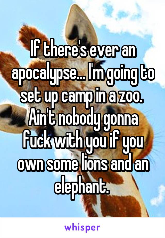 If there's ever an apocalypse... I'm going to set up camp in a zoo. 
Ain't nobody gonna fuck with you if you own some lions and an elephant. 