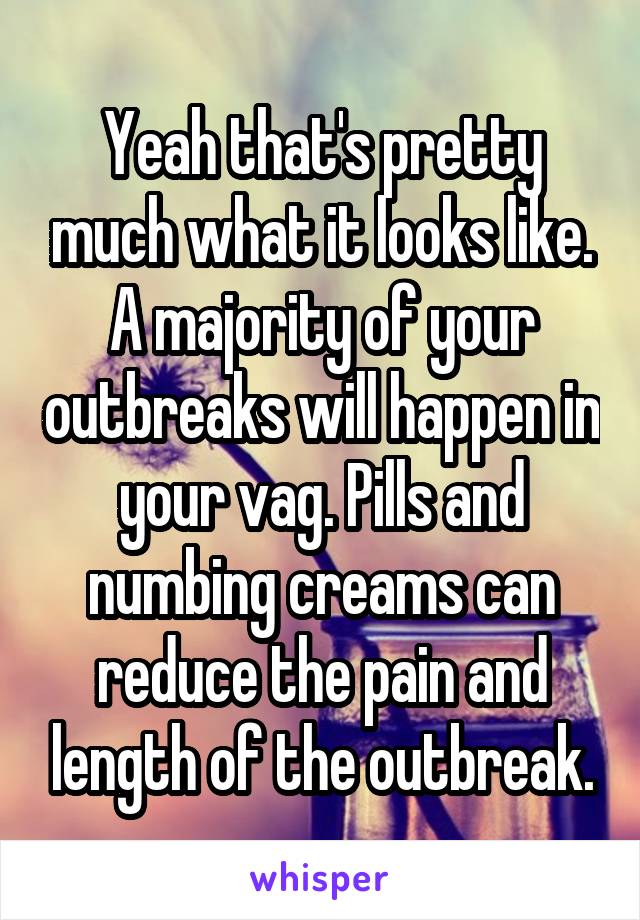 Yeah that's pretty much what it looks like. A majority of your outbreaks will happen in your vag. Pills and numbing creams can reduce the pain and length of the outbreak.